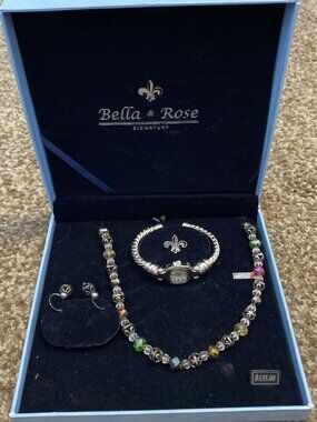 Bella & Rose Signature Silver Tone Watch Necklace Earrings 3 Pc Boxed NEW